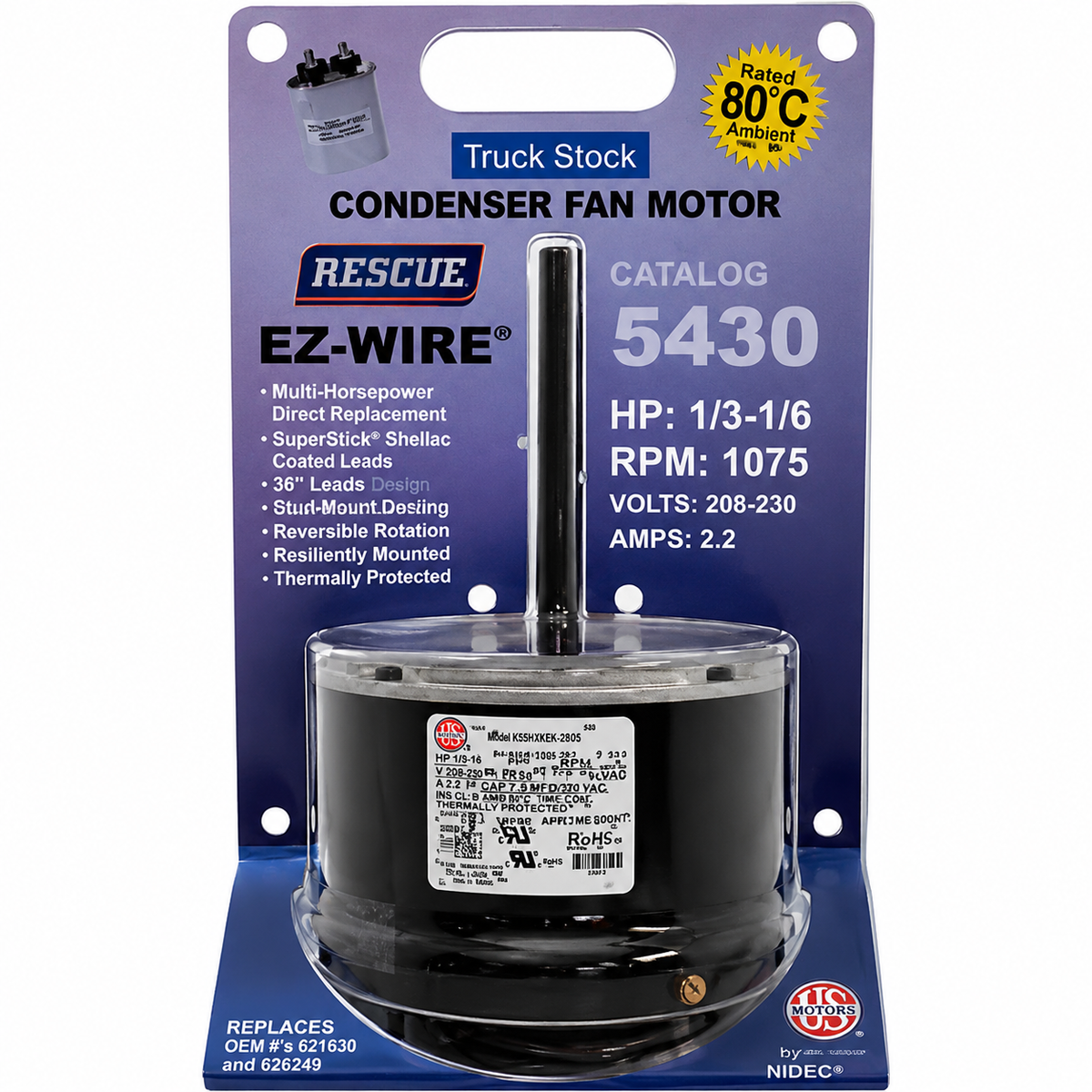 US Motors Condenser Fan Motors (HVAC/R)  5430 - 1/3 HP - 208/230 V - 1075 RPM - Single phase