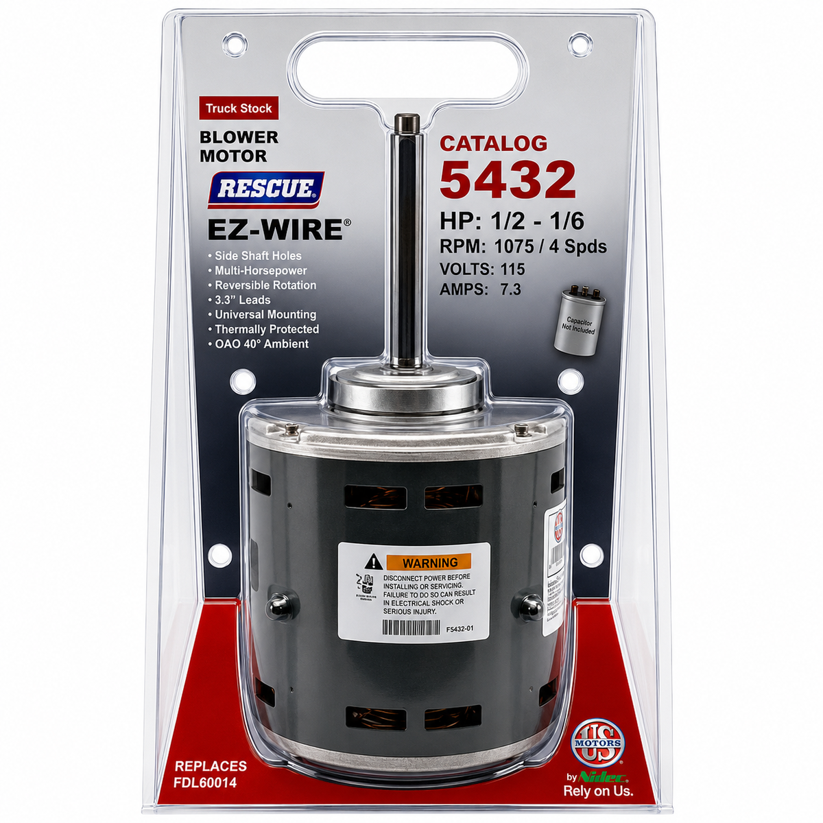 US Motors Fan & Blower Motors (HVAC/R)  5432 - 1/2 HP - 115 V - 1075 RPM - Single phase